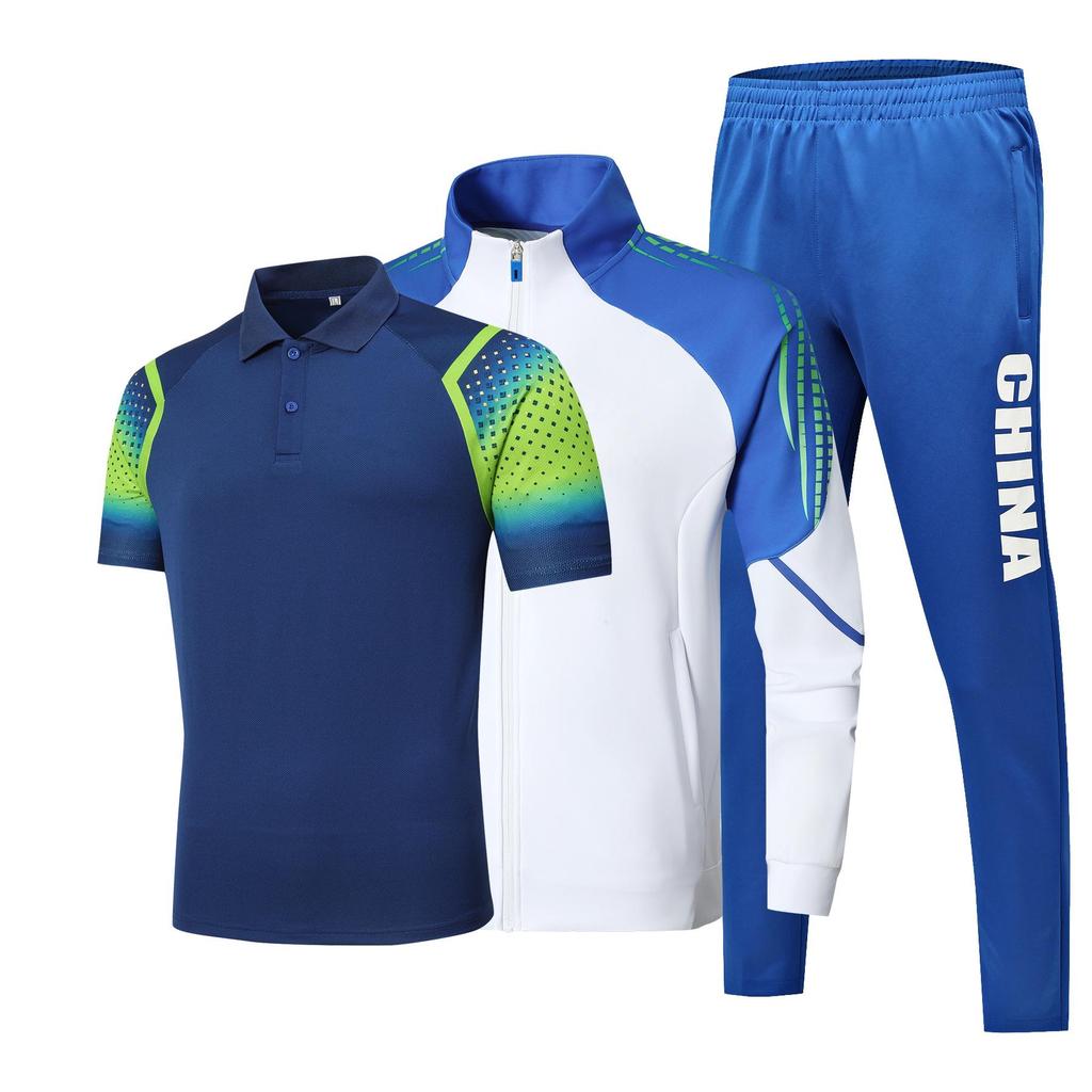 Unisex Chinese Team Casual Sports Three-Piece Set: Short Sleeve Polo, Stand Collar Top, Running Shorts.