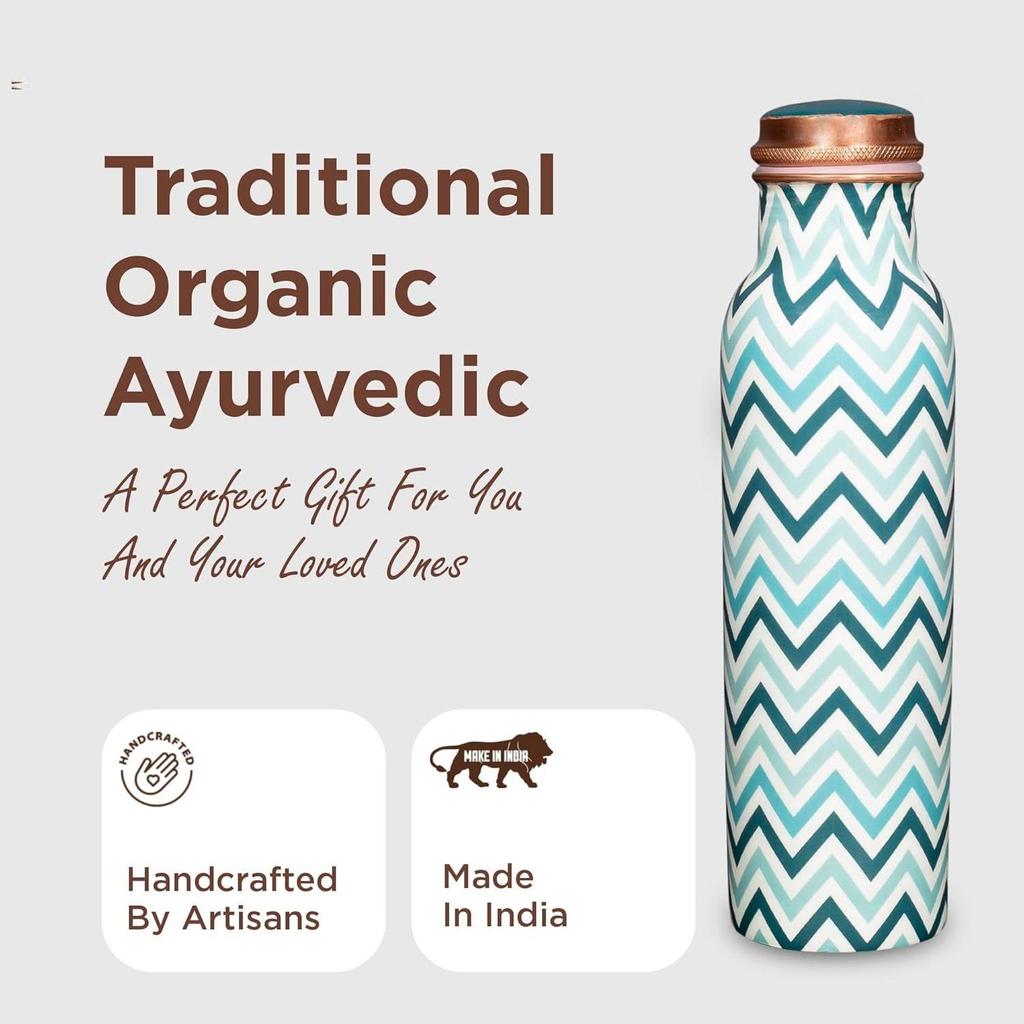 Pure Copper Water Bottle 1 Litre Alkaline and Anti Oxidant 100% Leak Proof, Office ,Modern Tamba Bottle(Chevron, Teal Blue)