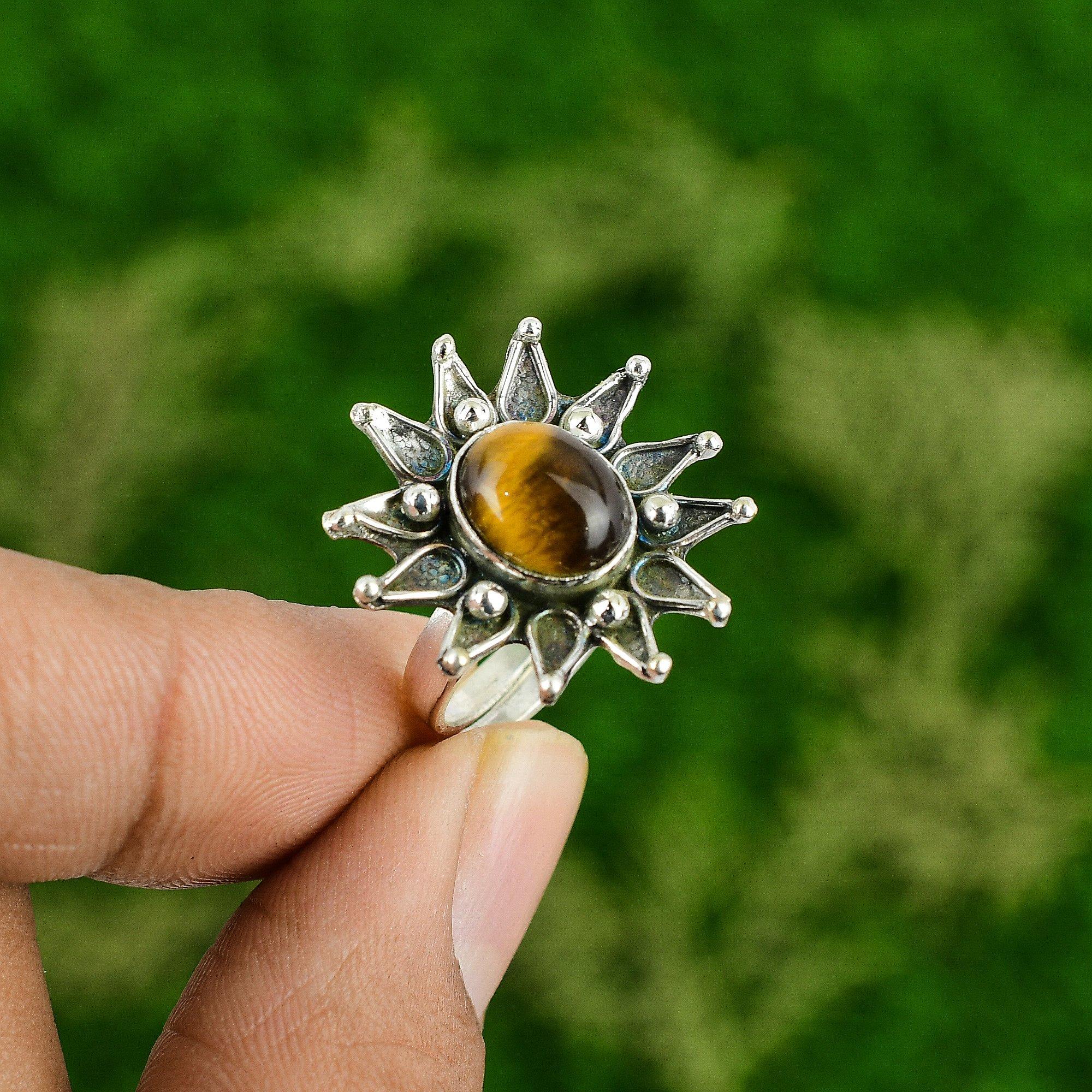 

Womens day Deal Sterling Silver Tigers Eye Stone New Flower Promise Sister Ring Adjustable
