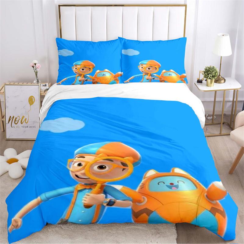 Blue & Orange Kids Character Elements Print Bedding Set, Cute Bow Tie Glasses Pattern Duvet Cover Set(1 * Duvet Cover + 2 * Pillowcase, Without Core)