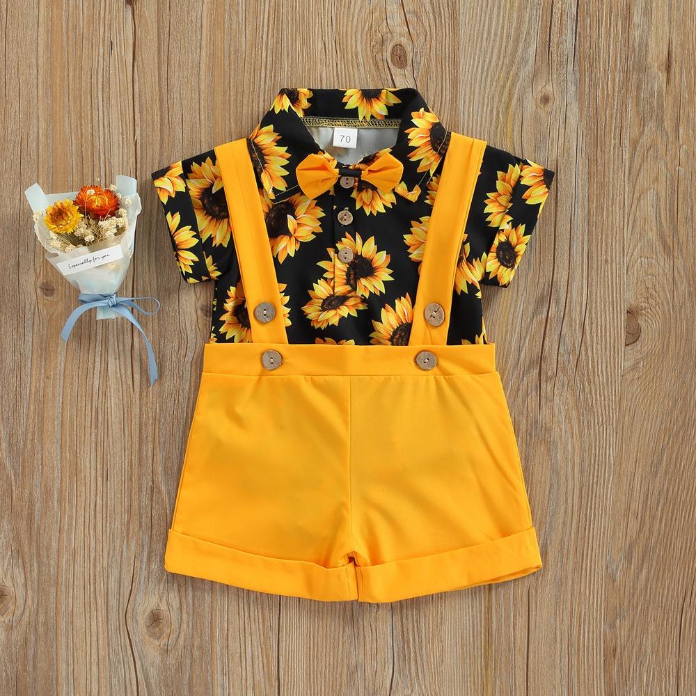 Summer Baby Boy Sunflower Printed Romper and Suspender Shorts 2PCS Outfits Clothes for 0-24 Months
