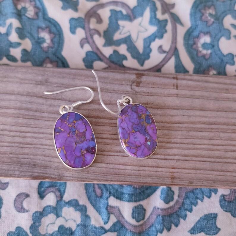 Solid 925 Sterling Silver lab created Purple Copper Turquoise Gemstone Handmade Women Dangler Earring Jewelry