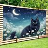 2D Magical Moonlight Cat Backdrop Cloth, Night Sky & Flower Photo Background