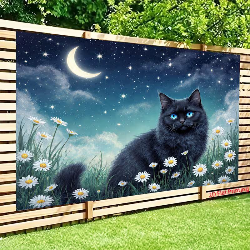 2D Magical Moonlight Cat Backdrop Cloth, Night Sky & Flower Photo Background