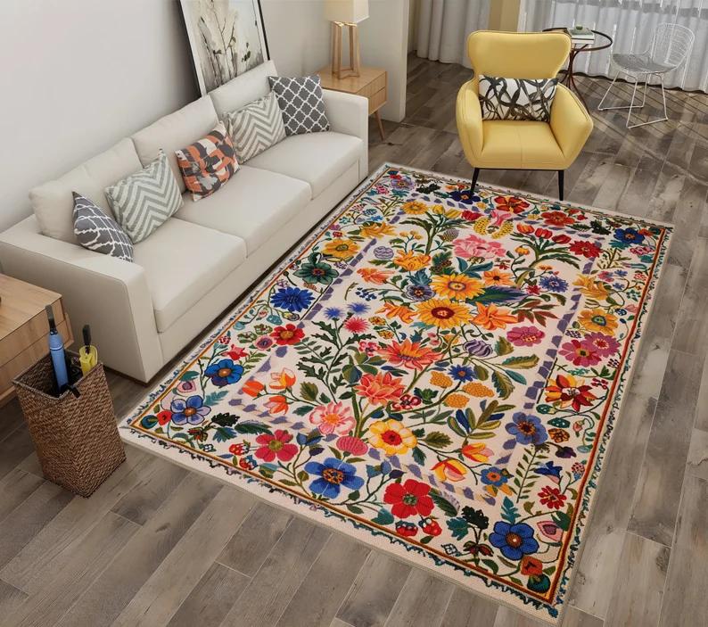 Colorful Abstract Rug Flower Floral Rug Abstract Rug Modern Rug Rugs for Living Room Botanical Carpet Home Decor Rug Non Slip