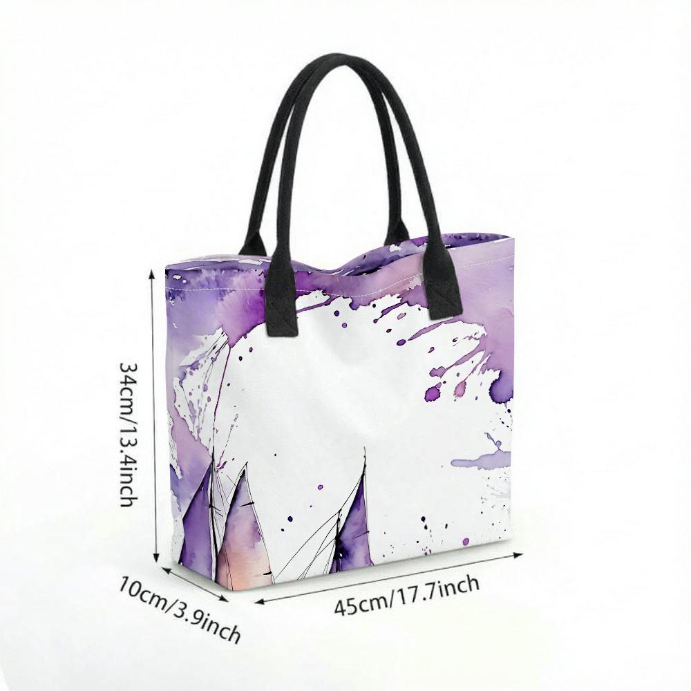 Purple Watercolor Sailboat Pattern Tote Bag Large Capacity Casual Shoulder Handbag for Daily Use