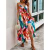 Women Print Maxi Dress Spaghetti Strap V Neck Split Casual Bohemian Summer Beach Long Dress