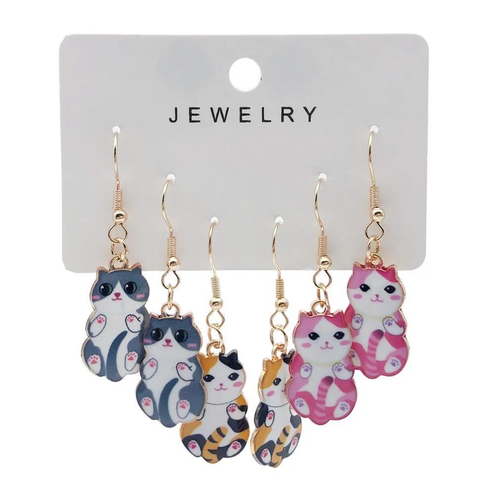 3 Pairs Fun and Cute Enamel Alloy Hanging Tail Cat Dangle Earrings Colored Cat Ear Jewelry Set Lovely Gift for Women Girls