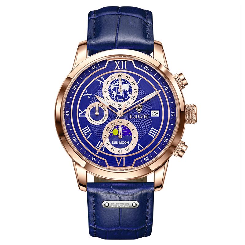 LIGE Men s Quartz Multifunctional Waterproof Watch - Three-Eye Six-Hand Design