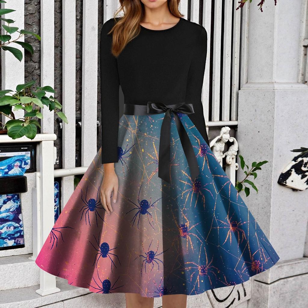 Women's Fashion O-Neck Casual Slim Fit Halloween Printed Long Sleeve Dress