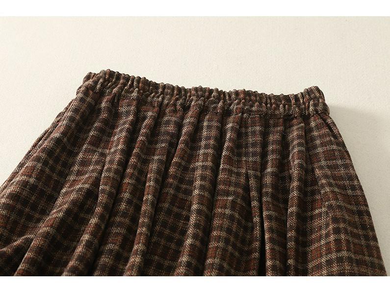 Wool Blend Elastic Waist Plaid Midi Skirt - Retro A-line for Autumn/Winter 2025