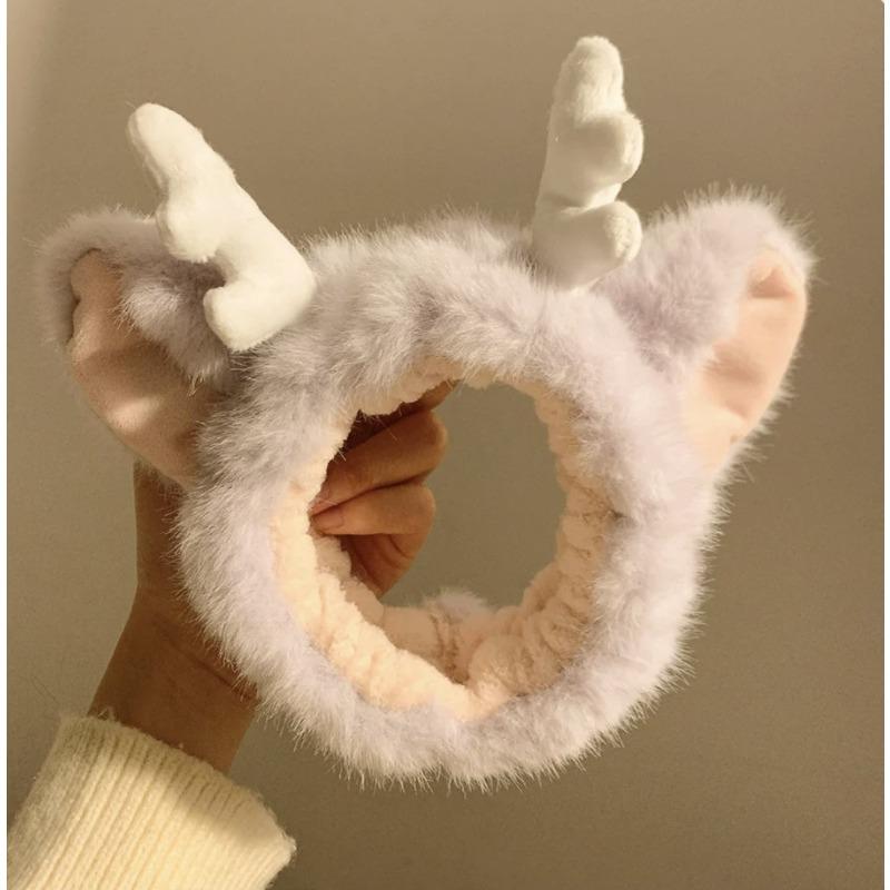 

Plush Dragon Horn Headband-Marshmallow Color Cartoon Elf Ears Hair Band for Spa&Costume Party, Stretchy Wide-Band for Women/Kids