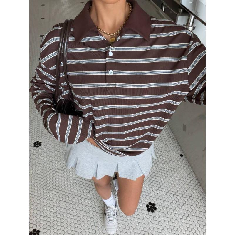 Womens Striped Button Polo Collar Long Sleeve Casual Loose Sweatshirt