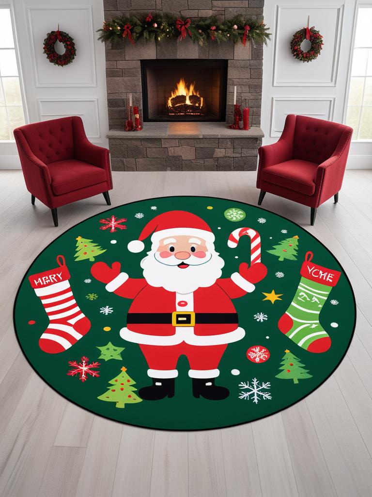 Christmas Cartoon Style Round Carpet Crystal Velvet Living Room Bedroom Bed Blanket Dirt Resistant And Easy To Take Care
