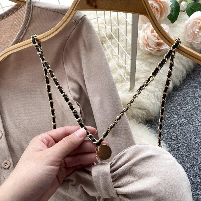 Autumn Small Fragrant Wind Retro Row Of Short Top + Hanging Neck Halter Wrap Hip Dress Two-Piece Set