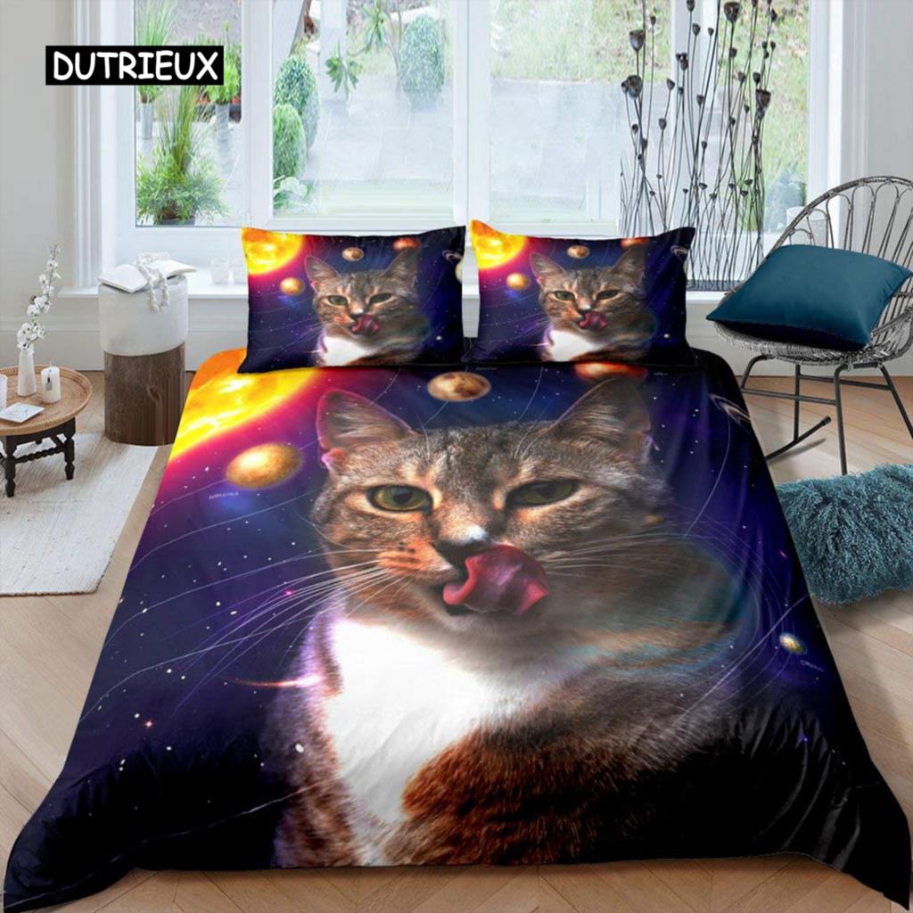 Galaxy Cat Duvet Cover Set Microfiber Universe Galaxy Bedding Set Cute Kitten Comforter Cover Outer Space Planets Quilt Cover