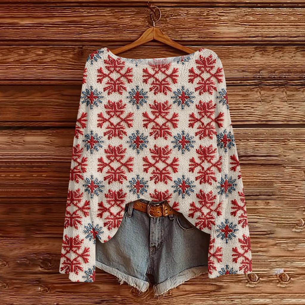 Ladies' Fashionable Casual Long Sleeved Christmas Printed Round Neck Knitted Yarn