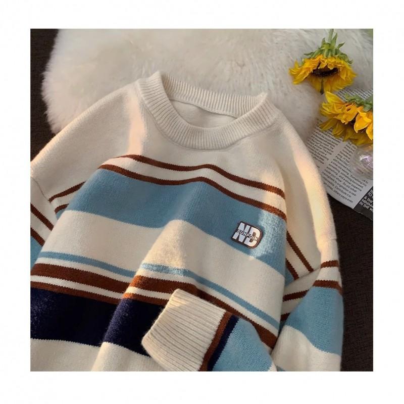 Unisex Oversized Striped Knit Sweater Fall Casual Round Neck Pullover Youth