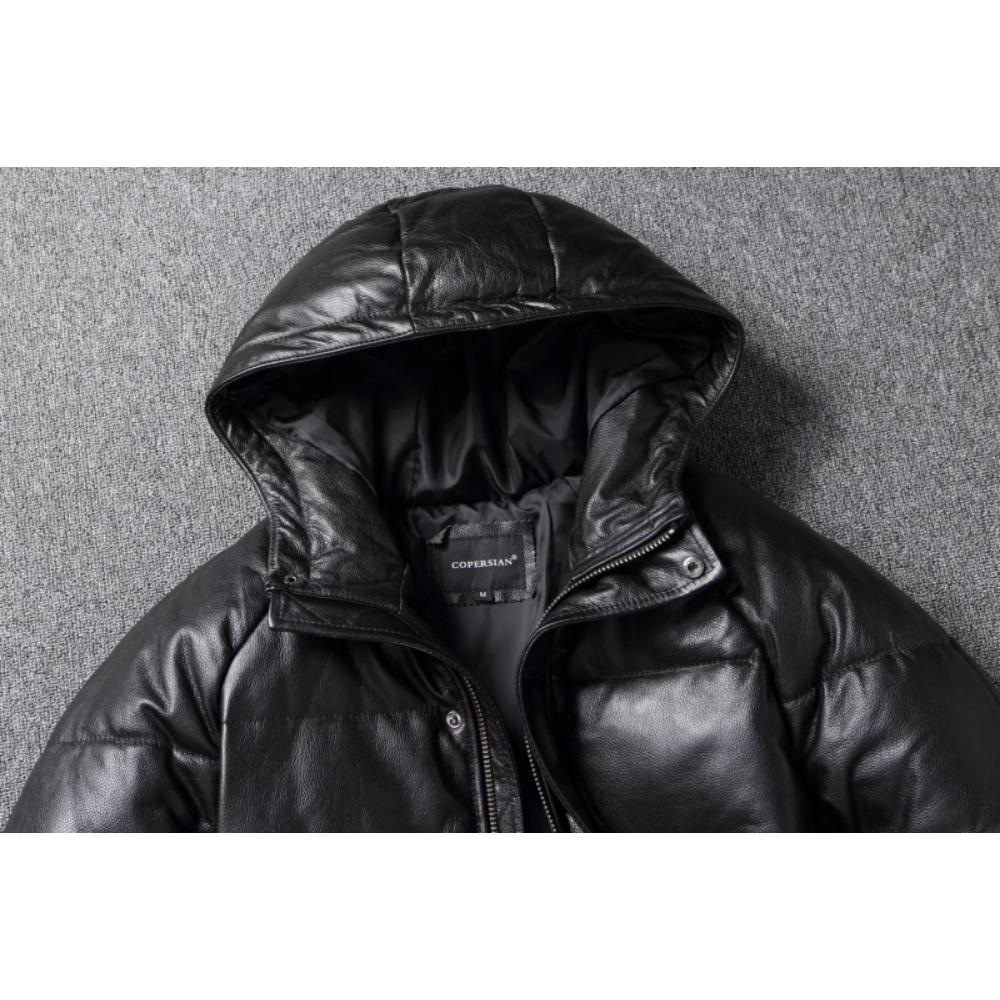 Chinese Size Thick Men Leather Jacket Hood Warm Down Coat Winter Long Down Jackets Genuine Cow Leather Coats Mens Clothing