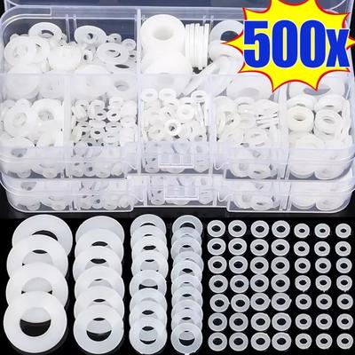 500 Stück Langlebige Dichtungen O-Ring Sortiment Kit Nylon Unterlegscheibe 8 Größen M2-M10 Flach-Abstandshalter Schwarz Weiß Flach-Isolierdichtungsring
