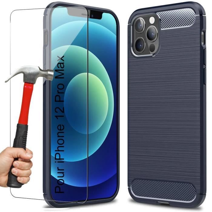 Coque pour iPhone 12 Pro Max (6.7") Pack 2 Verres Trempés Souple Design Fibre Carbone Protection Bleu Marine