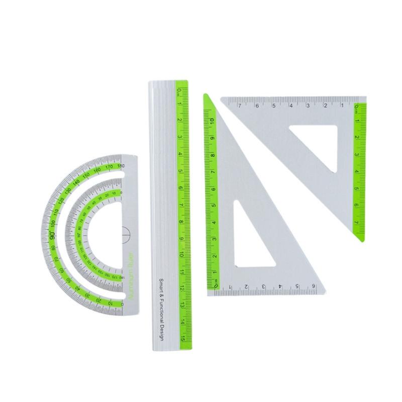 Strong Aluminum Ruler Set 1 Straight 2 Triangles 1 Protractor School Homework Art Projects Measure for Kids Adults