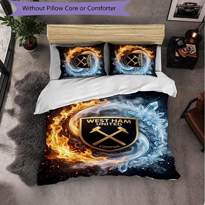 West Ham United Fußball 3-teiliges Bettwäsche-Set Weiches Bettbezug-Set mit Kissenbezügen Bedrucktes Schlafzimmer-Deko-Set für Zuhause