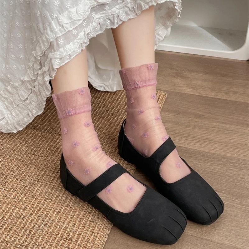 Flower Embroidery Women's Socks Summer Ultra-thin Transparent Crystal Silk Socks Women Japanese Breathable Medium Tube Socks Sox