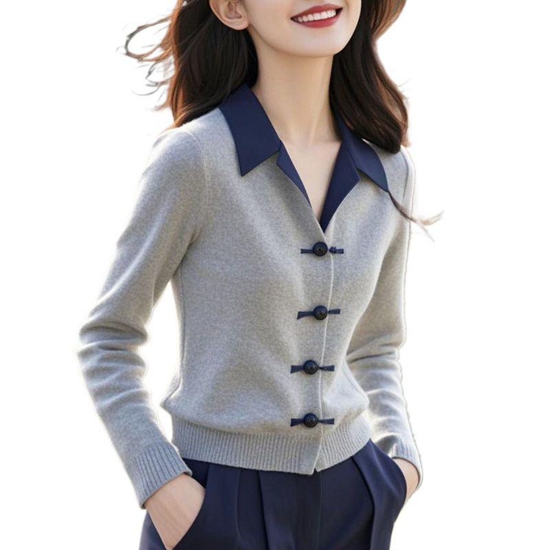 Autumn/Winter Polo Collar Chinese-Style Knitwear: Plus Size, Slimming, Flattering Sweater