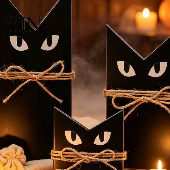 Black Cat Table Decor 3 Pcs Halloween Wooden Block Sign, Vintage Decoration Fall Seasonal with Burlap Rope, Rustic Farmhouse Tiered Tray Centerpiece