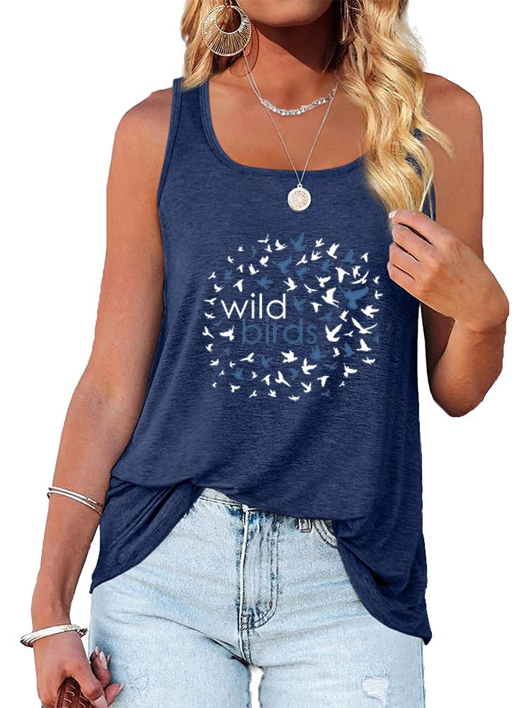 Women Fashion Print Sleeveless Top Summer Casual Round Neck T-shirt Pullover Loose Ladies Round Neck Tank Top