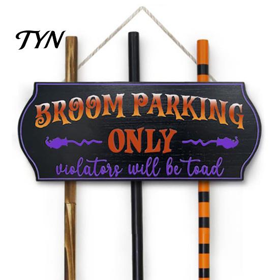 Reusable Holiday Hanging Sign Halloween Broom Parking with 3 Pcs Wooden Witches Brooms, Hocus Pocus Door Themed for Indoor Outdoor Home Wall