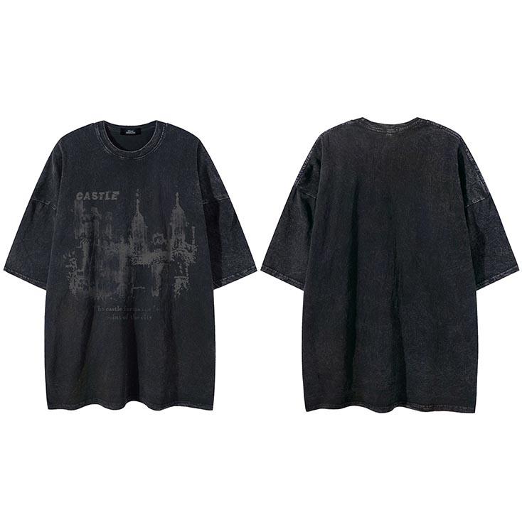 

Streetwear Retro Washed Black Tshirt Castle Graphic Vintage Print Hip Hop Loose T Shirt Men Cotton TShirt Hipster Tops Tee S