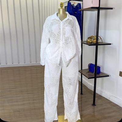 Fashion Women's Set Perspective Long Sleeve Shirt and Straight Wide Leg Pants OL Two 2 Piece Set Outfit Tracksuit