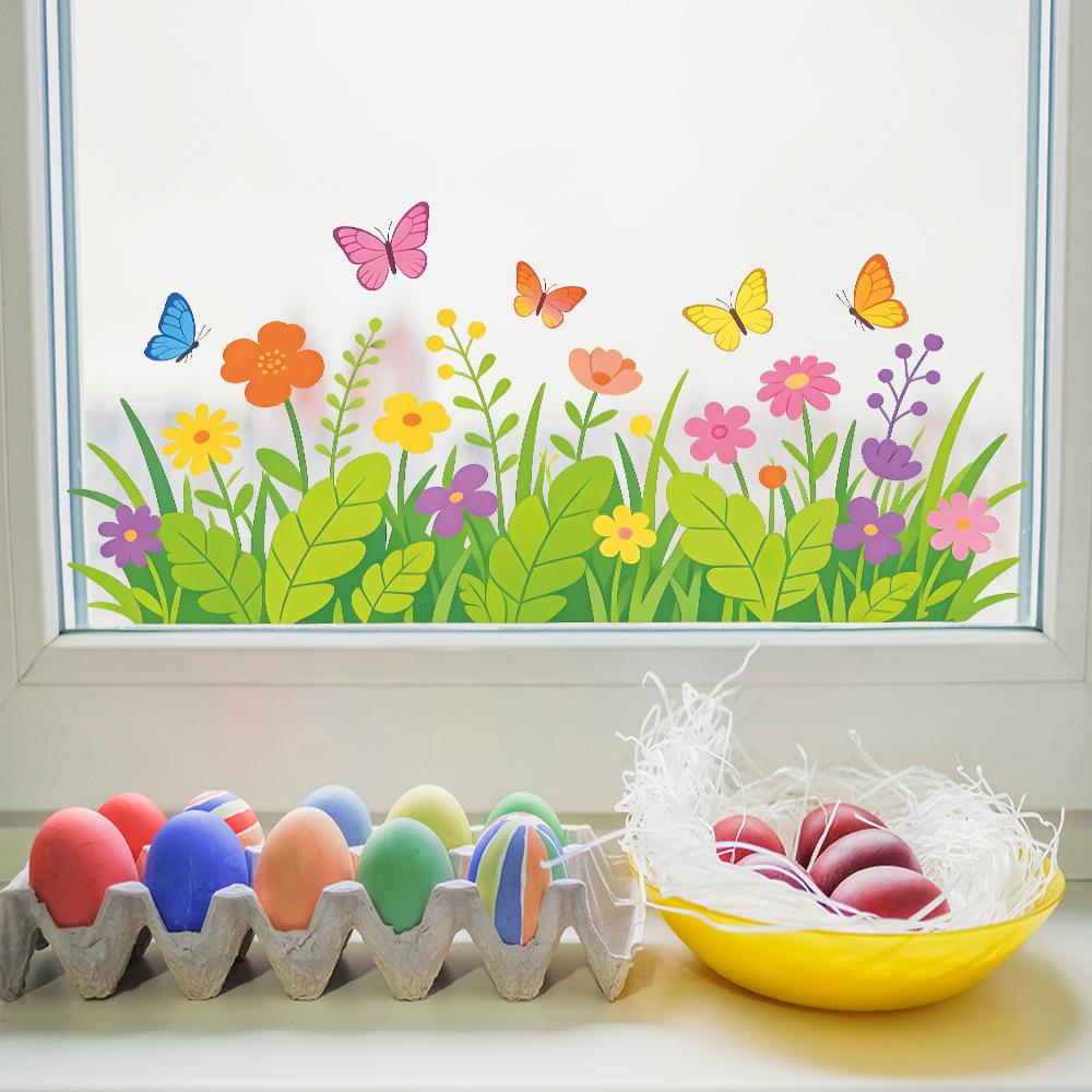 Simple and Fresh Grass, Flowers, Butterflies. Outdoor Balcony. Glass Windows. Window Stickers for Beautification.
