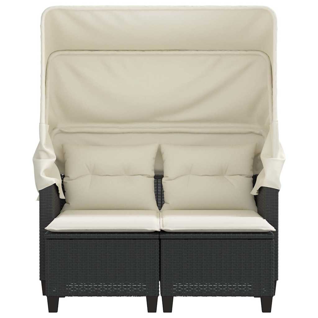 2 Seater Garden Sofa with Canopy and Footstools Black Poly Rattan
