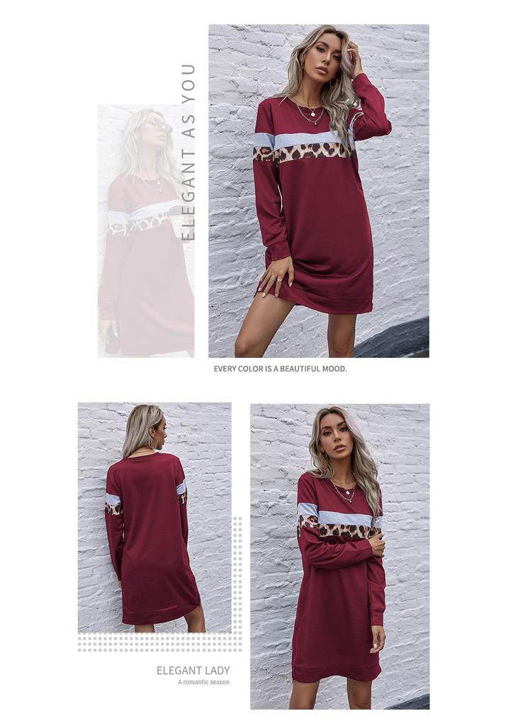 Herbst Damen Street Style Leopard Patchwork Pullover Sweatshirt Kleid