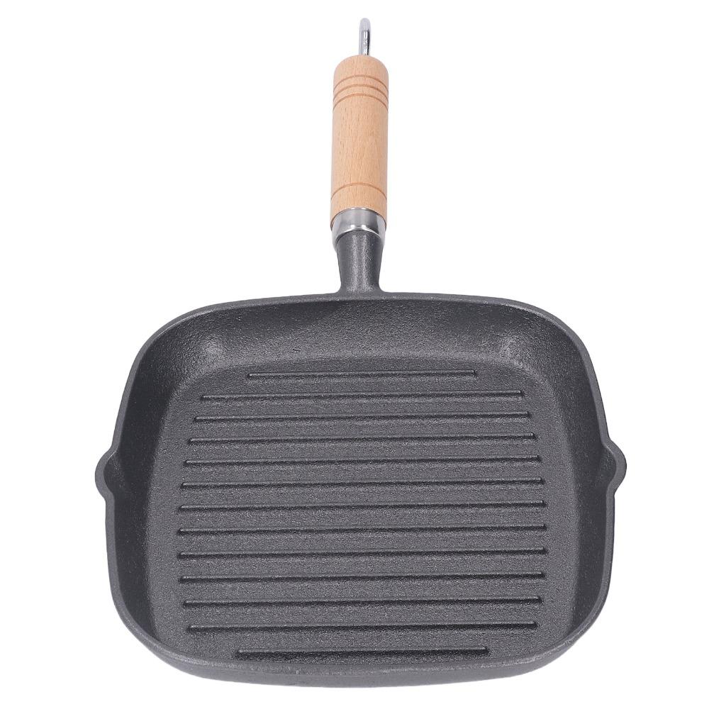 Cast Iron Steak Pan Wooden Handle Steak Griddle Kitchen Cookware Grill Pan  Indoor & Outdoor