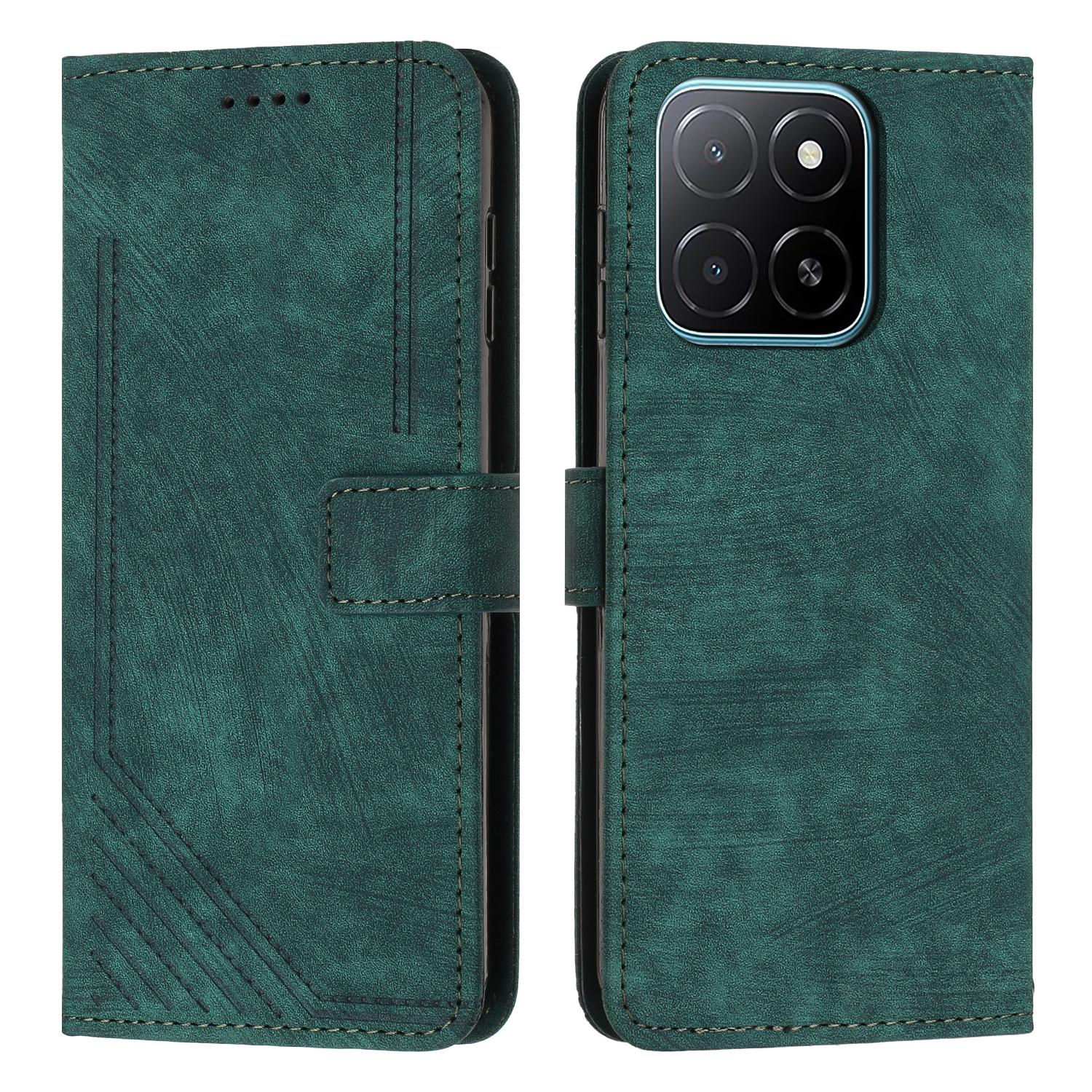

For Honor X5b/X5b Plus Case Imprinted Lines Leather Phone Cover Folding Stand Green