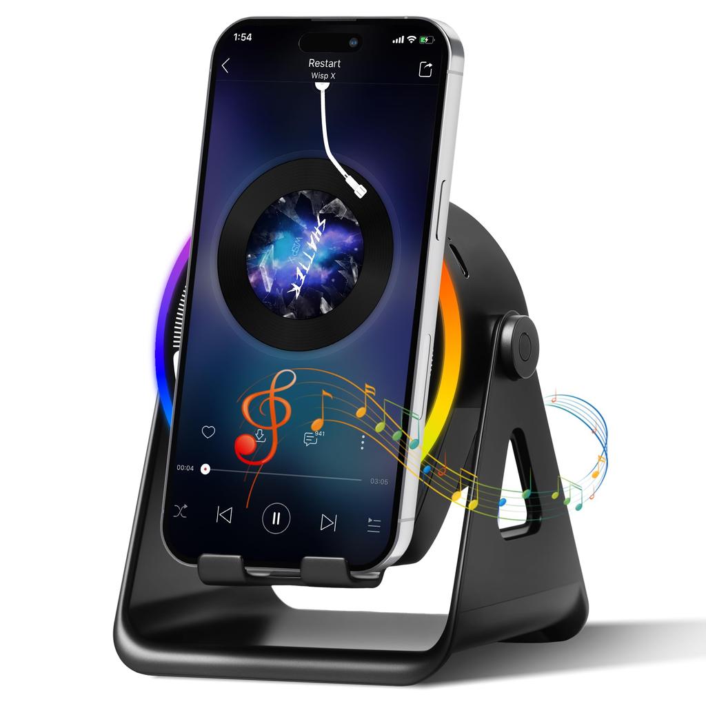 Wireless Induction Bluetooth Speaker, 4-in-1 with 360° Rotating Phone Holder and RGB Ambient Light, High-Definition Surround Sound