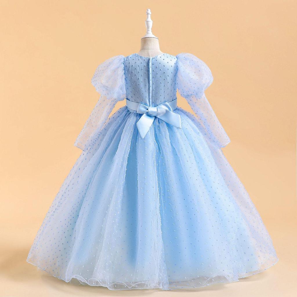 4-14 Years Girls Stereo Flower Gigot Sleeve Tie Back Mesh Party Sequins Bridesmaid Wedding Floral Plain Dress 2023