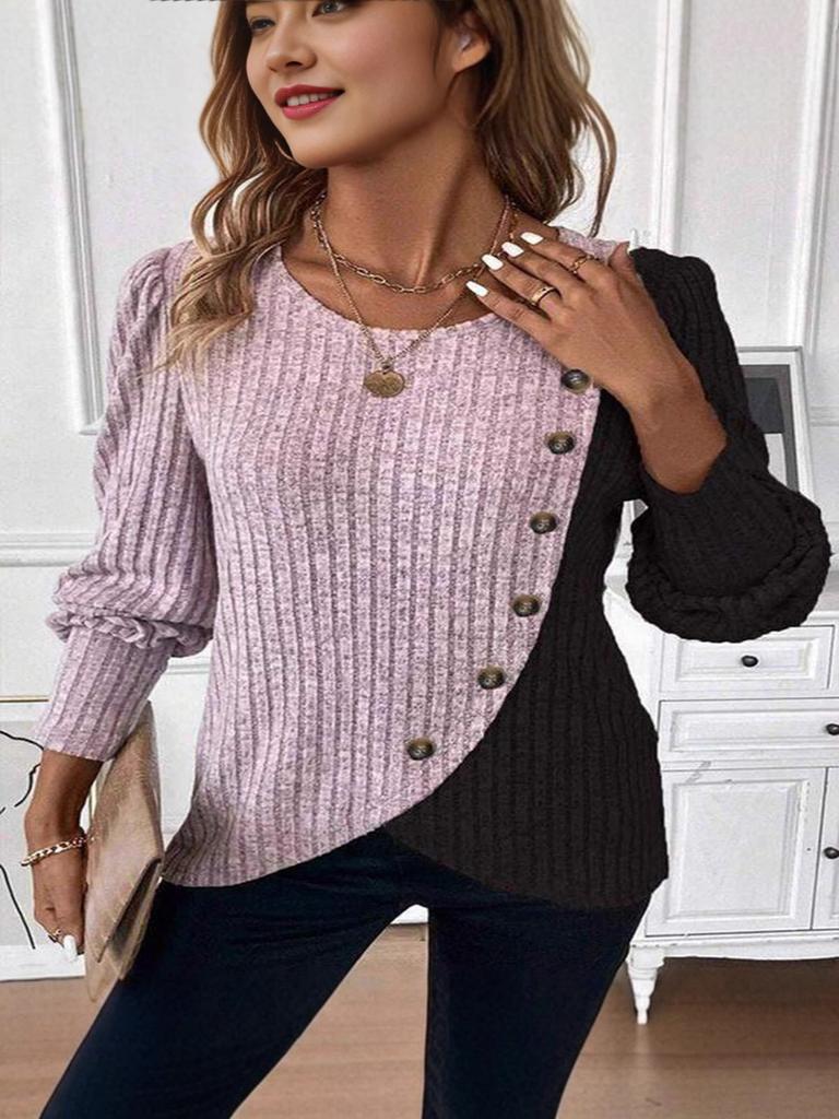 New Style Round Neck Color Block Hole Knit Long Sleeve T-Shirt for Spring and Autumn