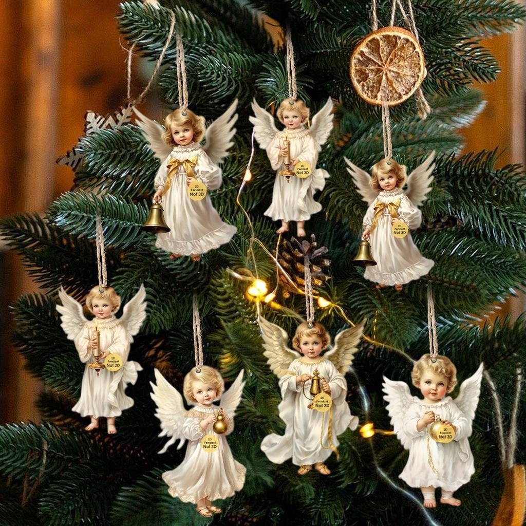 Vintage Angel Wooden Christmas Ornaments Flat 2D Hanging Pendants Little Angel Decor for Xmas Tree New Year Party Decor Supplies