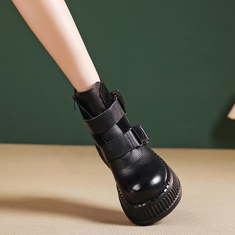 Women's Retro Genuine Leather Martin Boots - Height-Increasing, Thick Sole Ankle Boots for Autumn/Winter, British Style.