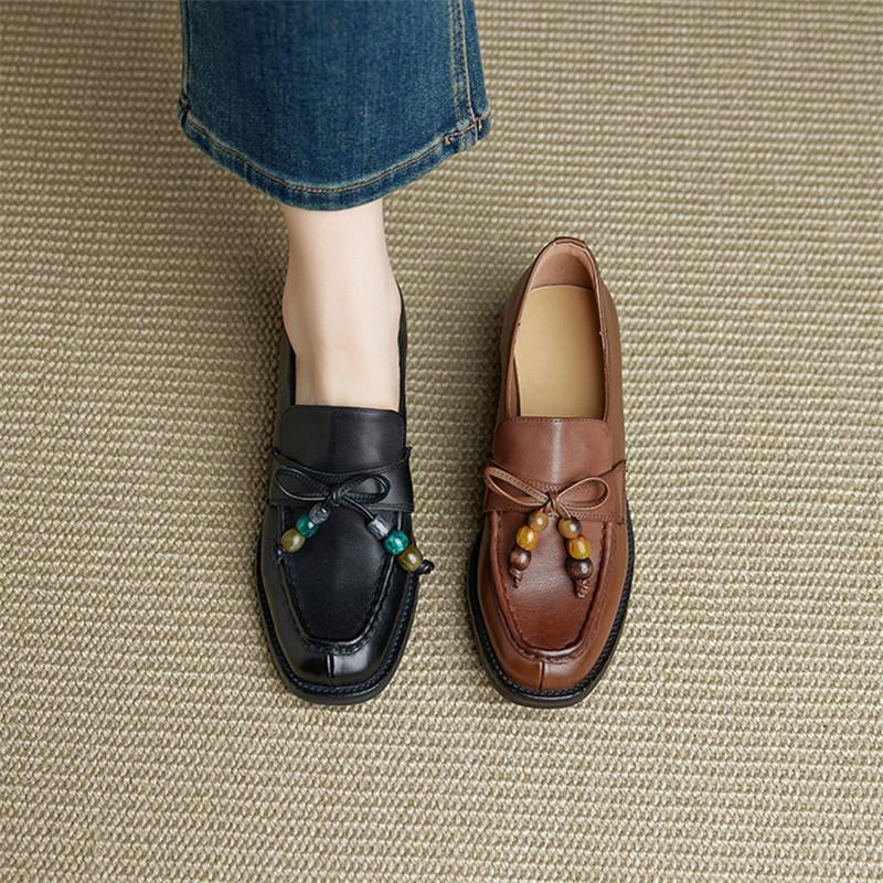 Fashion New Spring/autumn Genuine Leather Women Shoes Round Toe Loafers Shoes for Women Fashion Bow Women Pumps Shoes Chunky High Heel