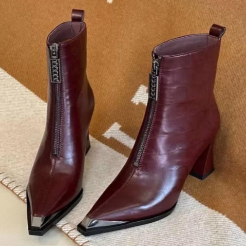 Fashion 2025 New Women's Leather Pointed Toe Ankle Boots High Heel Zipper Metal Fashion for Autumn Winter Shoes Fashion Sexy Party