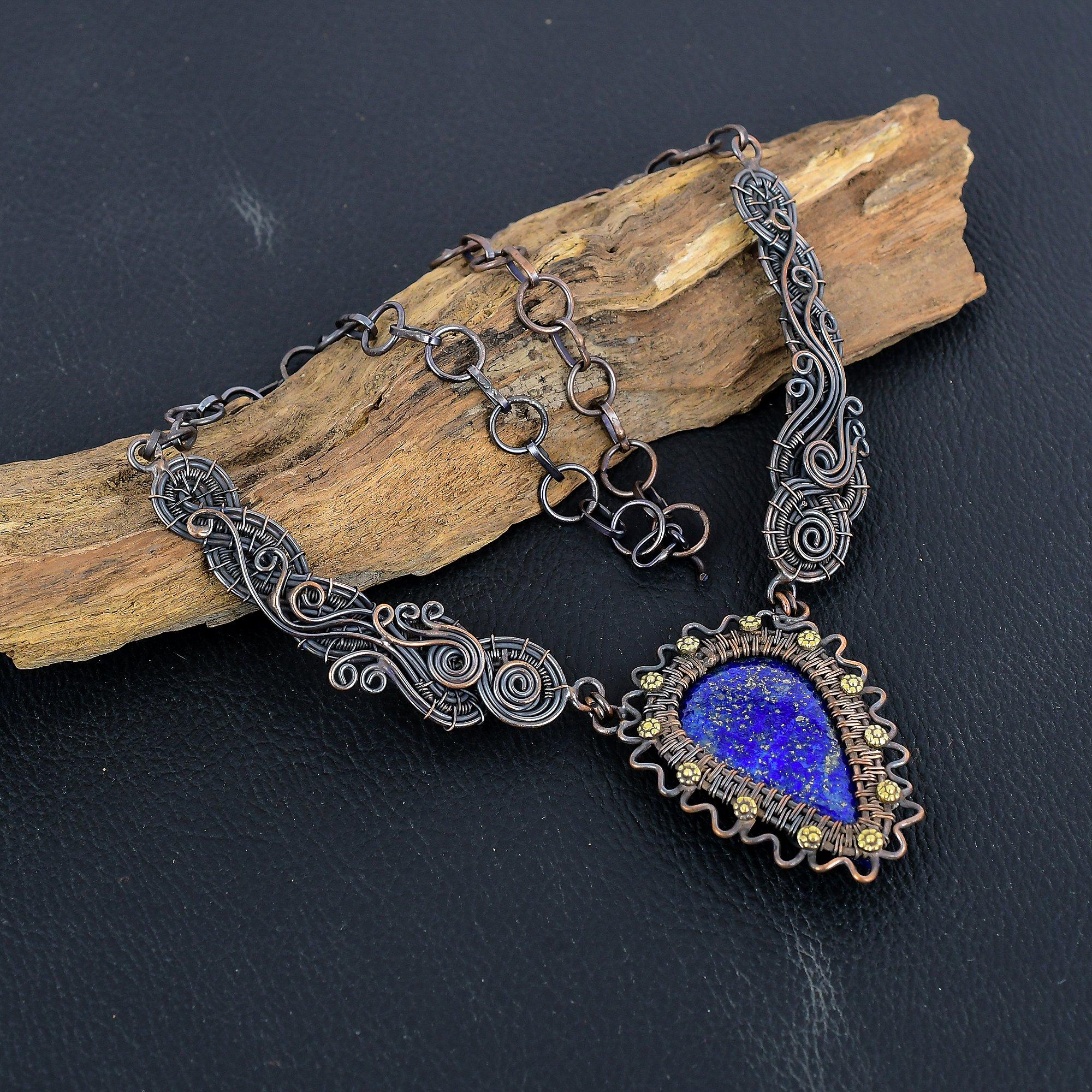 

Lapis Lazuli Necklace Handmade Jewelry, 999 Copper Wire Wrapped Necklace Designer Gemstone Jewelry Adjustable Chain Necklace Gift For Mom