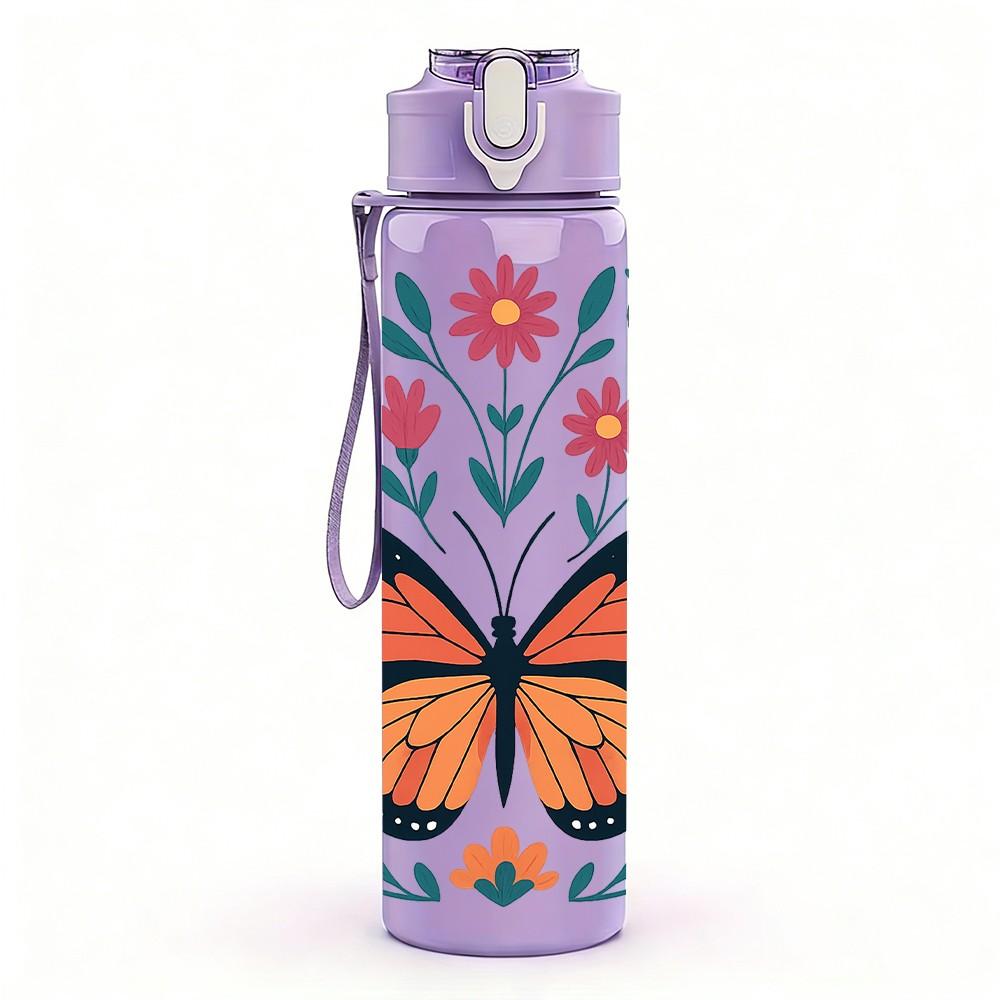 1PC Colorful Butterfly Floral Pattern 750ml Color Plastic Sports Water Bottle Leakproof Flip Straw Lid Suitable for Sports Office Home Use