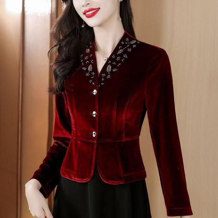 2025 Spring & Autumn Women's Slimming Gold Velvet Short Jacket