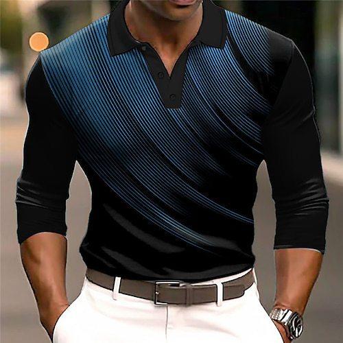 Men's Casual Gradient Button Up Long Sleeve Polo Shirt Fashion Sweatshirt